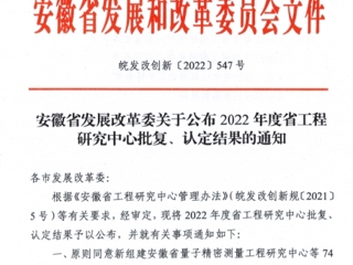 bat365获批安徽省工程研究中心立项建设